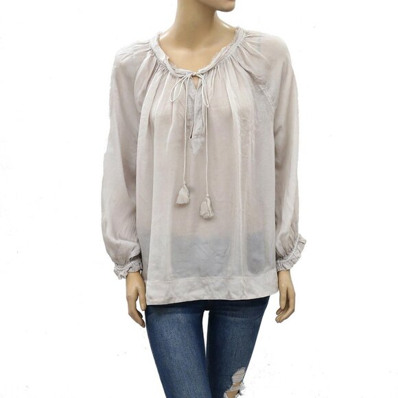 Zadig & Voltaire Solid Blouse Top Peasant Gray Tie Silk Oversized S New - Picture 1 of 4
